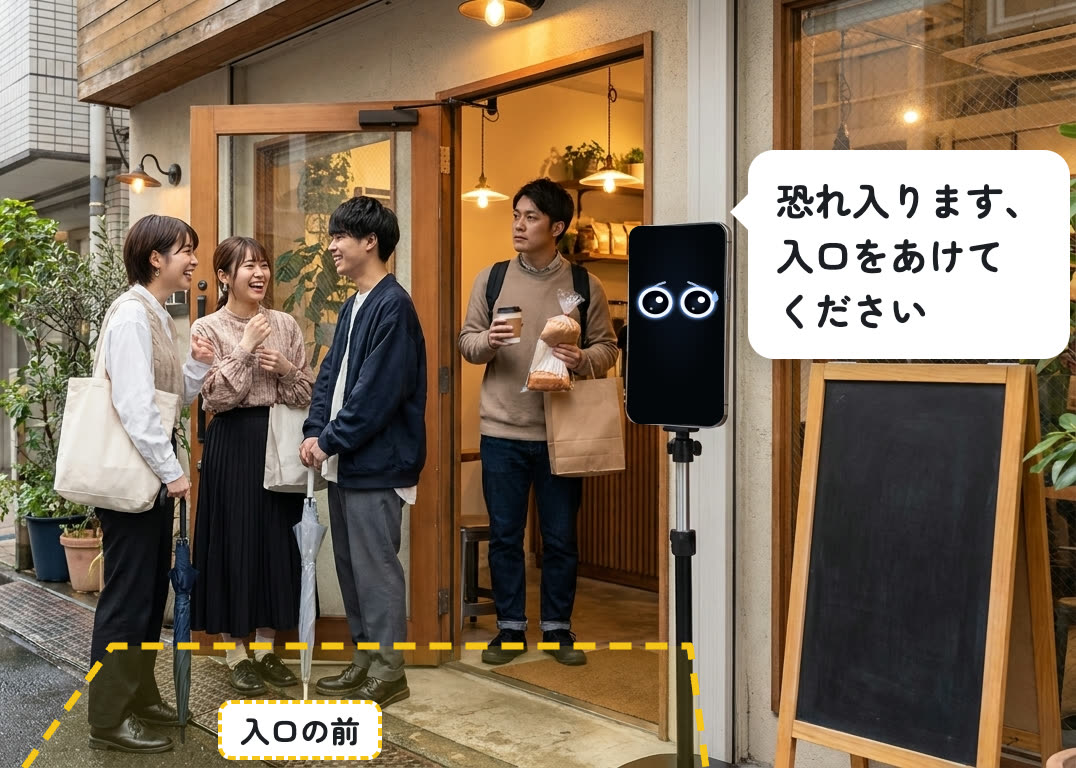 カフェの入口の前で3人が立ち話をしていて、中のお客さまが出られずに待っている。入口の横のスマホが「恐れ入ります、入口をあけてください」と声をかけている